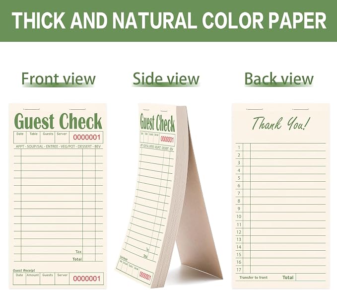 ZPARIK Guest Checks Books for Servers, Natural Color Paper, 24 Pack Green | 24 Pack Guest Checks with 50 Sheets Per Book, Waiter Checkbook, Waitress Notepad for Restaurants, Perfect for Servers