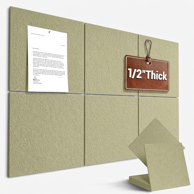 36" x 24" Large Felt Bulletin Board 1/2" Thick, Sage Green | 6 Pack Felt Tiles, Cork Board Alternative, 30 Adhesive Tabs, Pin Board for Home Office Decor with Easy Install
