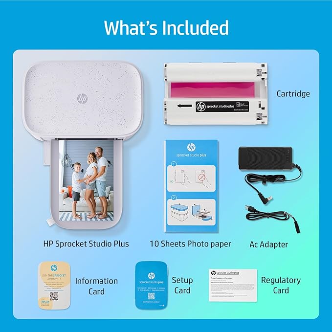 HP Sprocket Studio Plus 4x6 Wireless Instant Photo Printer, 10 Sheets + Cartridge, Wi-Fi, Premium Dye Sublimation, Compact Home Use, Prints Vibrant Color Pictures, Editing App for Creative Photos