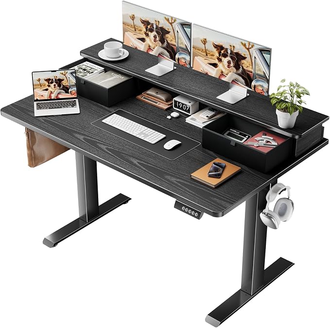 Veken 47x28 in Electric Standing Desk with Drawers, Adjustable Table, Black | Stand up Computer Desk for Home Office, Work & Study, with Storage, 3 Memory Presets, Cable Organizer, Hook, and Quiet Lift.