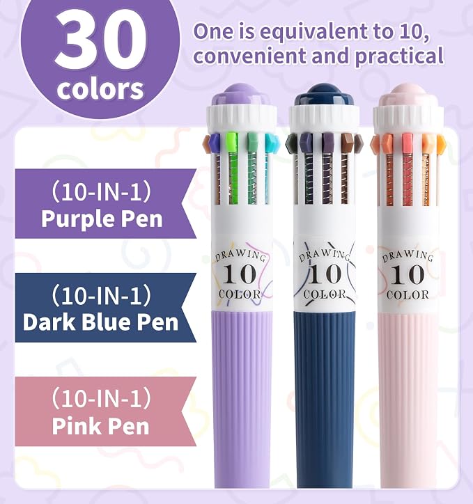 3 Pack Multicolor Pens, 10-in-1 Colored Ballpoint Pen, 28 Colors | 0.8mm Fine Point Smooth Writing, Retractable Ballpoint Pens for Office School Students Teens