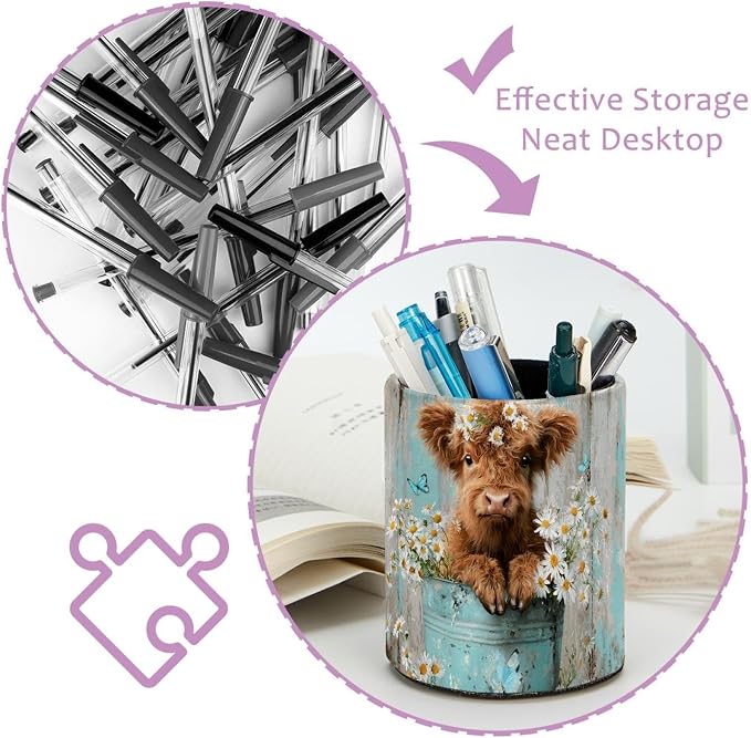 Leather Pen Holder for Desk, Highland Cow Flower Pencil Cup Pen Organizer Makeup Brush Holder for Office Home Kids Countertop Desk Accessory Storage