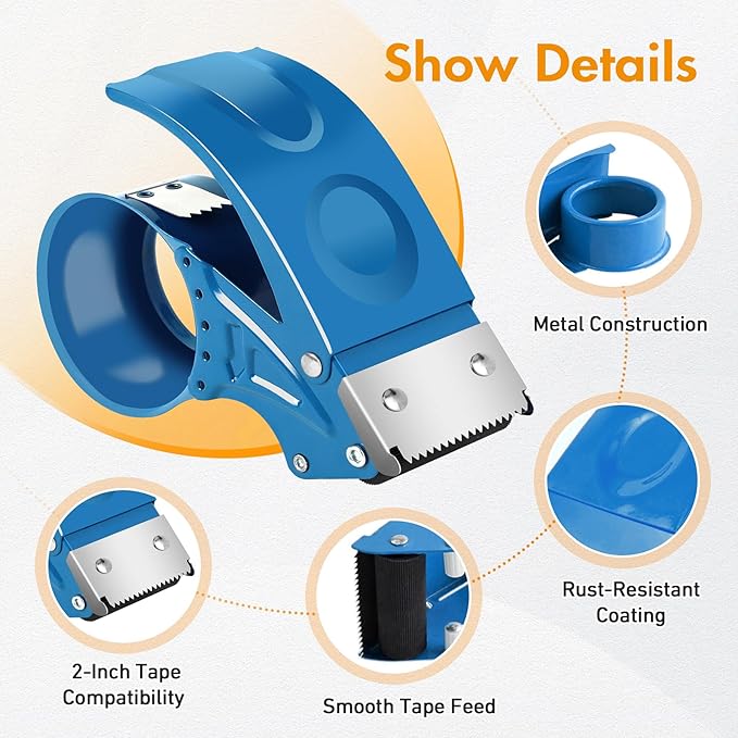 2 Pack Heavy Duty Packing Tape Dispenser Gun – 2-Inch Wide Tape Dispenser with Adjustable Brake – Fits 3-Inch Core, Industrial-Grade Tape Gun for Moving, Shipping, Office & Warehouse Use (Blue)
