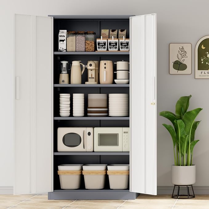 Metal Storage Cabinet, 72" H Lockable Steel Cabinets with Locking Doors, Storage Locker with Adjustable Shelves for Office, Home, Garage, Gym, School (White Grey)