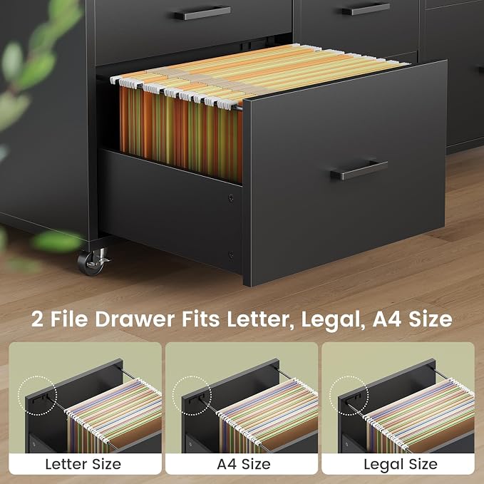 SEDETA 6 Drawers File Cabinet with Power Strip fits Legal/Letter/A4 Size | 47" Wood Mobile Lateral Filing Cabinet for Home Office, Printer Stand with Storage Shelf and Led Lights, Black