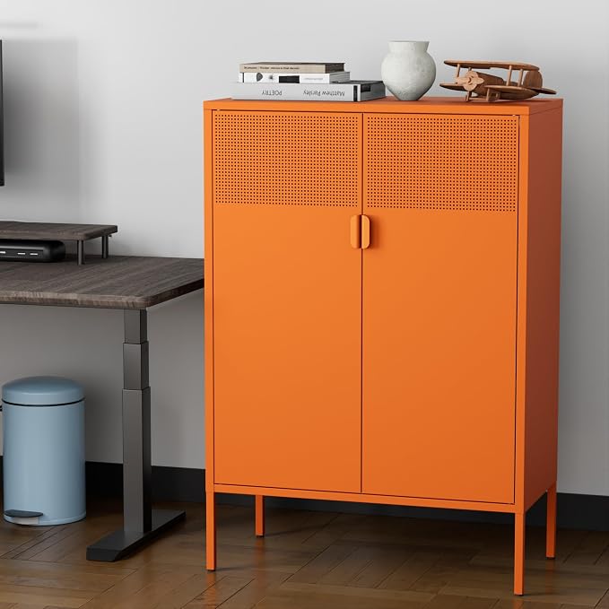 Chshin Metal Storage Cabinet,Kitchen Pantry Storage Cabinet,Metal Sideboard with 2 Doors and 2 Adjustable Shelves,Orange Locker Cabinet for Home,Bathroom,Hallway,Office,Dining Room