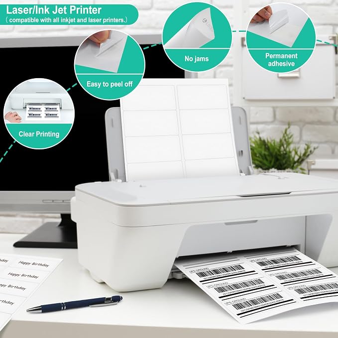 L LIKED 2"x4" Printable White Label Stickers 1000 Labels 100 Sheets | Matte, strong Adhesive, laser/inkjet compatible, 10 per sheet, for shipping, address, product & barcode