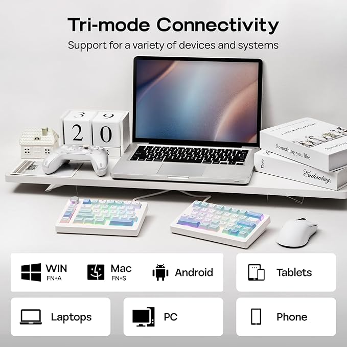 EPOMAKER Split70 Wireless Ergonomic Keyboard with QMK/VIA and Knob, Mechanical Gaming Keyboard with RGB, Hot-Swap, Creamy Linear Switch, PBT Keycap, Mac Modifier, Gasket, 70% Split Layout (White)
