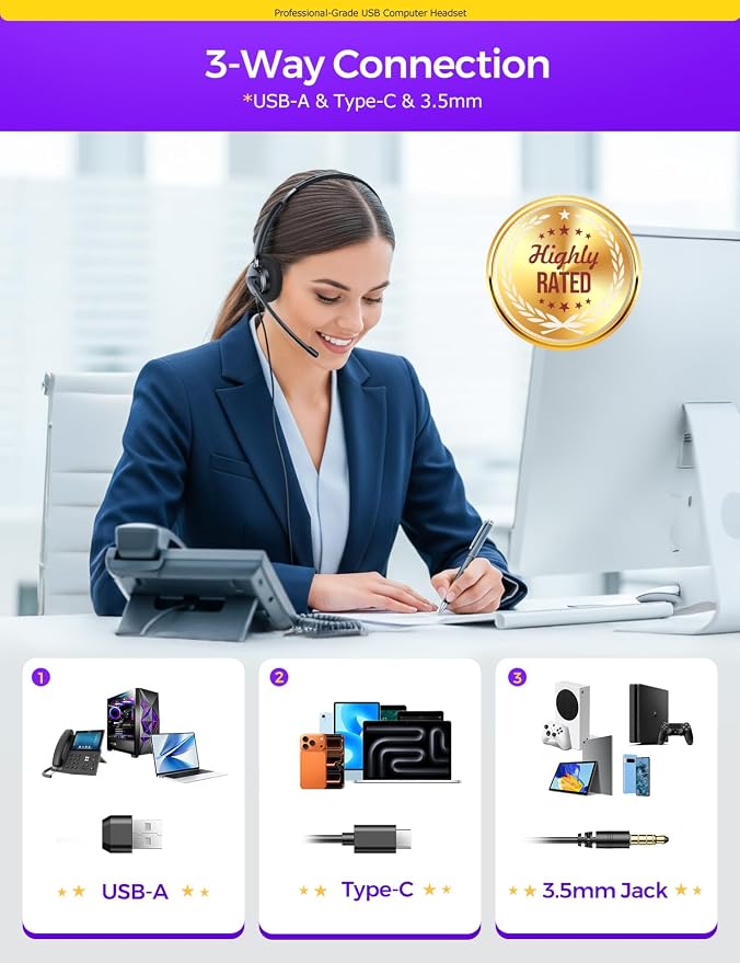 USB Headset with Microphone for PC, Computer Headset with Microphone Noise Canceling Mic for Laptop Call Center Wired Headset with Mic for Work Zoom Skype Teams from Office Home
