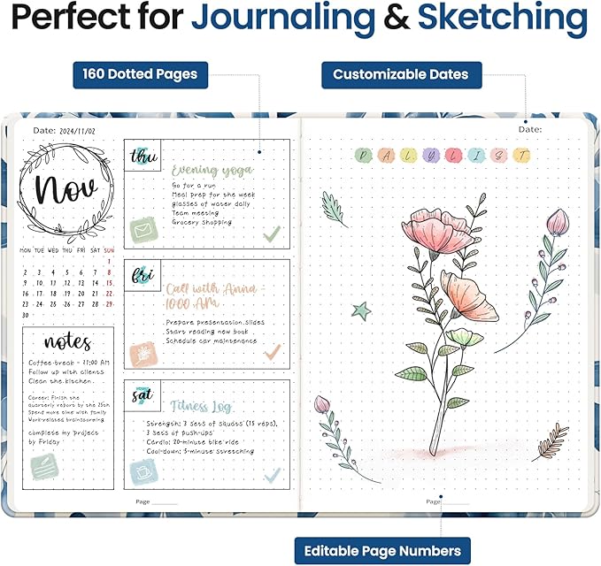 Dotted Journal Notebook for Women & Men, Hardcover Leather Journal for Writing, A5 Dotted Journaling Notebook for Work & Sketching, Perfect for Office School Home Supplies, 160 Pages, Watercolor Petal