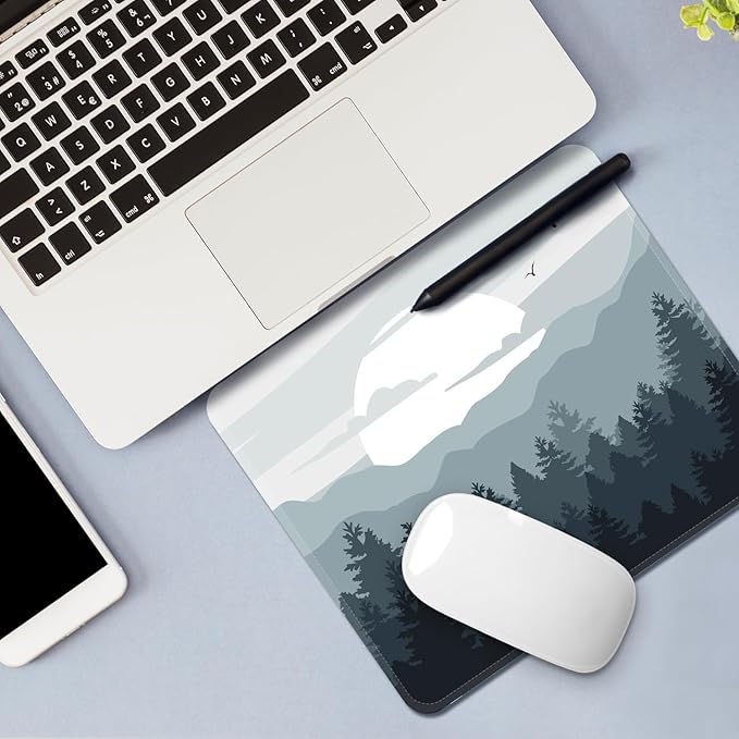 Mouse Pad with Stitched Edges - Nature Landscape Mousepad for Women, 9.25 x 7.75 inch Washable Square Desk Pad, Non-Slip Rubber Base, Office Home Laptop Accessories - Misty Mountain