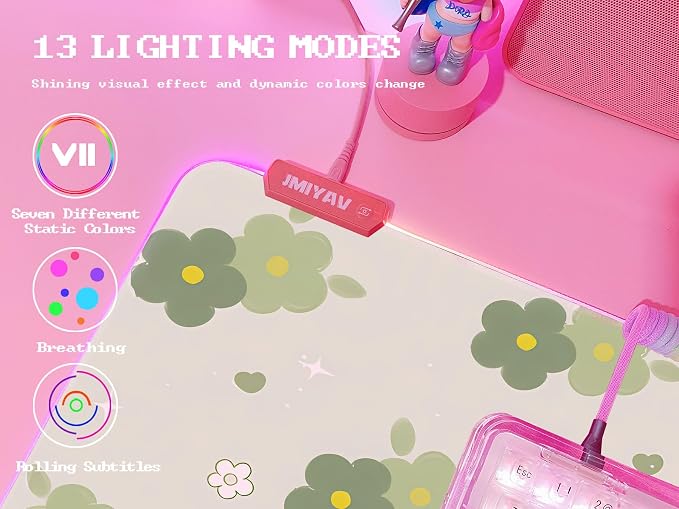 JMIYAV Pink RGB Gaming Mouse Pad 31.5x12 Inch PC XL Large Extended Glowing Led Light Up Desk Pad Non-Slip Rubber Base Computer Cute Mousepad Mat Desk Accessories Gaming Setup Bloom Flower