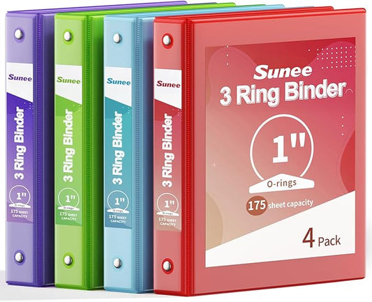 SUNEE 1 Inch Binders 3 Ring 4 Pack, 1" Classic 4-Color Binder Set (8.5x11 Inches) for Office, School or Home Supplies