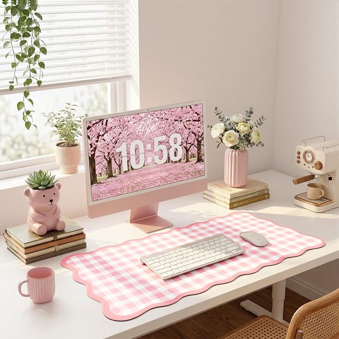 Scalloped Gingham Pink Desk Mat,Large Cute Desk Pad for Keyboard Mouse,Girly Mouse Pad for Desktop Office