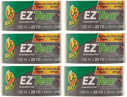 Duck EZ Tear Brown Paper Packing Tape for Boxes, 6 Rolls of Kraft Paper Packaging Tape, Great for Shipping, Moving, Mailing, & Storage, Tears by Hand, Writable Surface, 1.88 Inch x 25 Yards, Tan