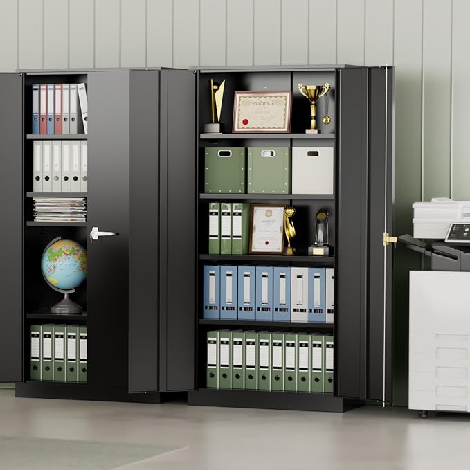 72-Inch Metal Storage Cabinet for Garage, Lockable Steel Cabinet with Doors and Adjustable Shelves, Black Locking Storage Unit for Office, Home, Gym, and School.