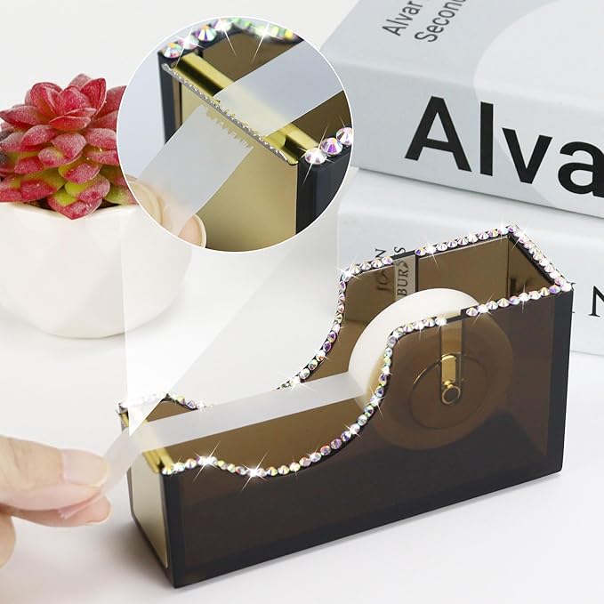 Buqoo Desk Tape Dispenser Acrylic Clear Black Non-Skid Tape Cutter Holder for Desk Supplies Office, Home and School