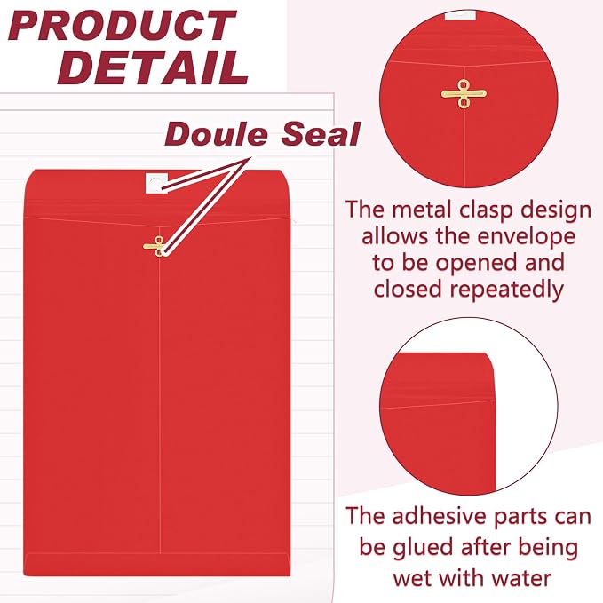 Geyee 20 Pcs 9 x 12 Inch Clasp Envelopes Letter Size Mailing Envelopes with Clasp Closure for Filing Storing Documents Office Home Business School (Red)