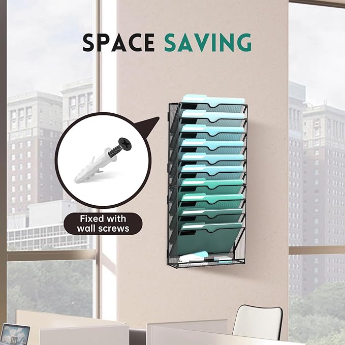 11-Tier Wall File Organizer, Hanging File Holder, Wall Mounted Mail Sorter | Metal Mesh Hanging File Organizer with Open Compartments and Label Panels for Papers and Folders at Home, Office or School