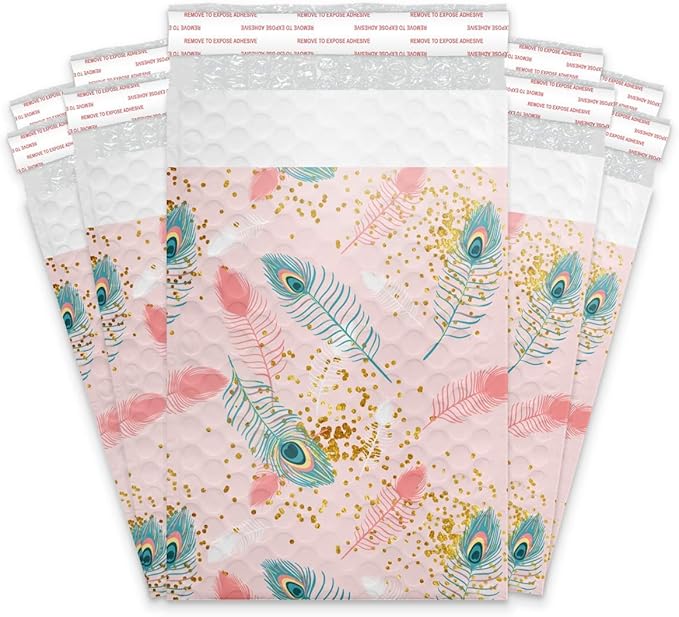 #0 6x9 (20pcs) Pink Peacock Designer Self Seal Poly Bubble Mailers Shipping Envelopes Padded Bags
