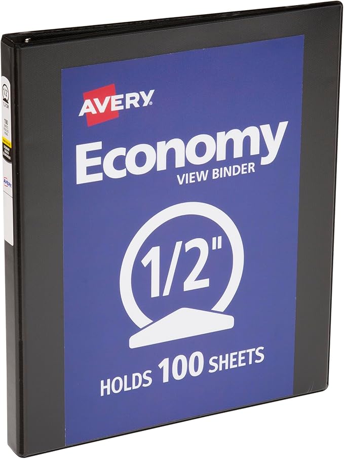 Avery Standard View 3 Ring Binder, 0.5" Round Rings, 100-Sheet Capacity, 0.7 Inch Wide Spine, 1 Black Binder, Ideal for Lightweight Organization and Occasional Referencing (05751)