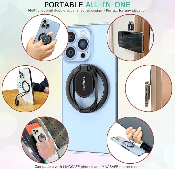 Doflyesky Magnetic Phone Ring Grip Holder, Dual-Sided Magnetics Adjustable Gym Finger Ring Grip Kickstand, Removable Phone Grip, for iPhone, iPad and Smartphones