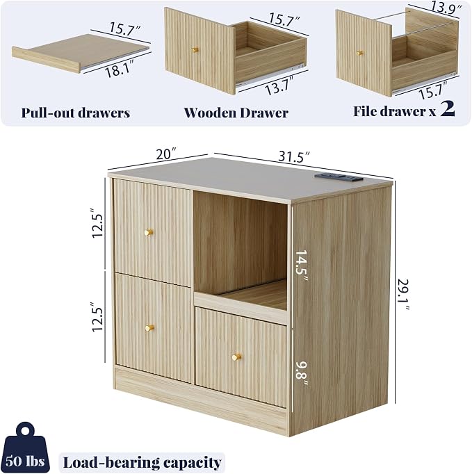 DNYN 3 Drawers Wood File Cabinet with Charging Station and Printer Stand | Vintage Fluted Lateral Filing Cabinet| For Home Office| Anti-Tipping| Fits for A4/Letter-Size Files| Pull-out Shelf