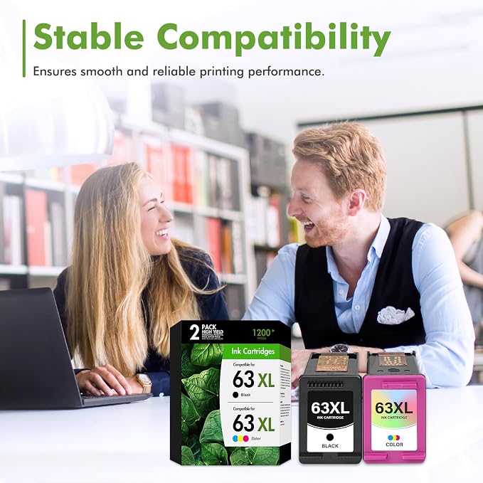 63 63XL Ink Cartridge Combo Pack for HP63 XL Ink 2-Pack 1 Black,1 Tri-Color | Compatible for HP63XL Black and Color Work for HP Envy 4520 4512 Officejet 3830 4650 5258 5255 4655 5200 Deskjet 2130 3630