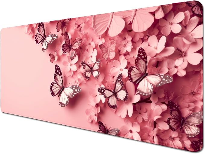 Pink Butterfly Mouse Pad Desk Mat Large Mouse Pads Desk Pad Computer pad | Stitched Edges Rubber Non-slip Girls Office Study Gaming XL Long Extended for Keyboard Laptop PC