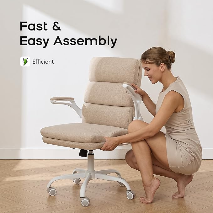 Office Chair Adjustable Desk Chair Mid Back Executive Comfortable Fabric Ergonomic Back Support Home Computer Chair with Padded Flip-up Armrest Swivel Wheels (Beige)