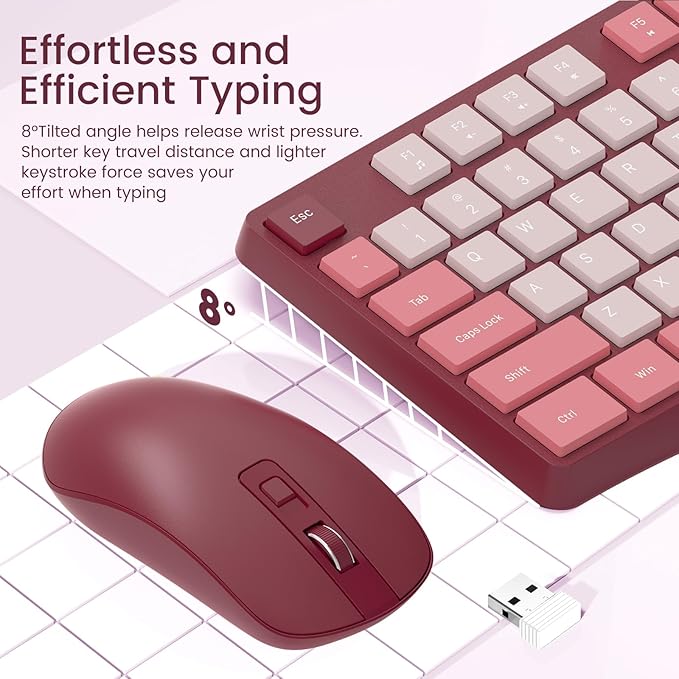 Wireless Keyboard and Mouse Combo, Lovaky 2.4G Full-Sized Ergonomic Keyboard Mouse, 3 DPI Adjustable Cordless USB Keyboard and Mouse, Quiet Click for Computer/Laptop/Windows/Mac (1 Pack, Rose) | Ergonomic, Low profile Keys, 3 DPI Adjustable, 2.4G Quiet...