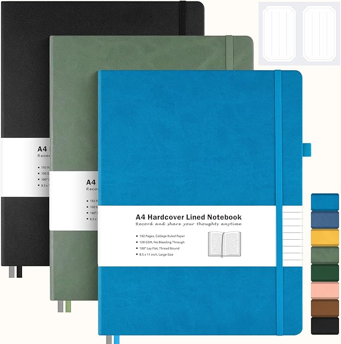 College Ruled Notebook, Large A4 Hardcover Leather Journal for Women Men | 3 Pack Lined Journal Notebook for Work School, No Bleed Thick Paper, Lay Flat, 8.5" x 11", Professional Business Notebook