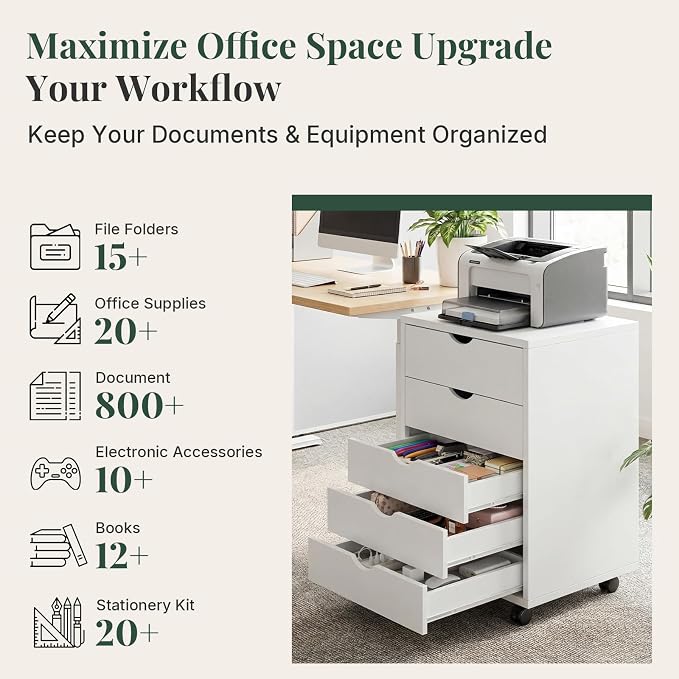 5 Drawers Mobile File Cabinet, Printer Stand Storage Cabinet | Under Desk Storage with Wheels, Vertical Filing Chest Rolling Wood Small Organizer for Home Office, Living Room, Light White
