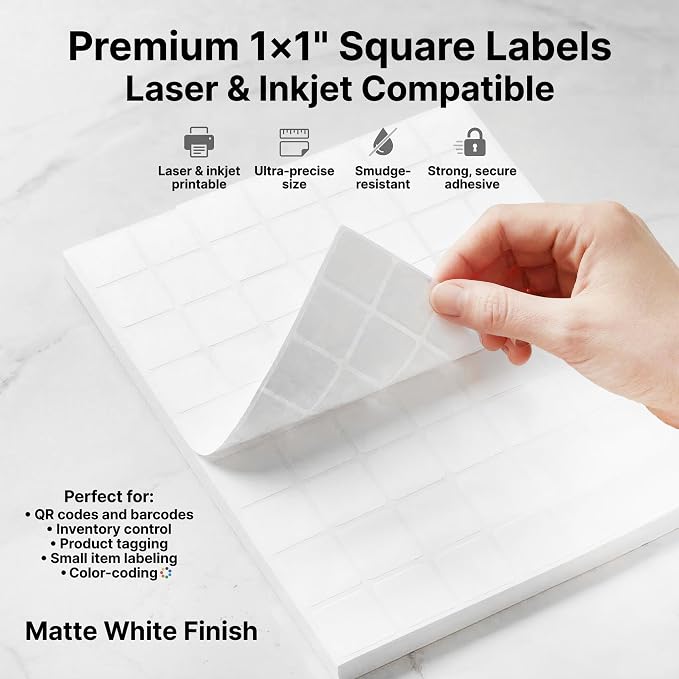 1" X 1" Matte White Printable Labels (100 Sheets, 6300 Stickers) | Custom Stickers, Logo and Barcode Stickers for Laser & Inkjet Printers - Spartan Industrial Template S001