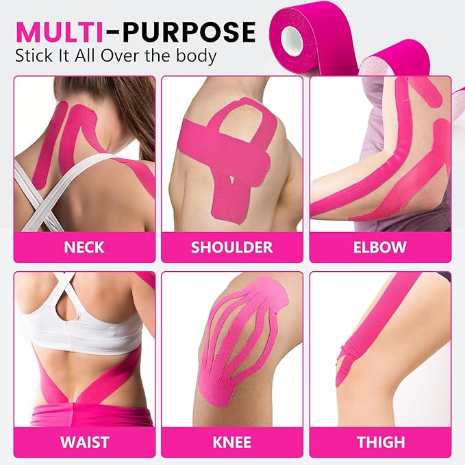 5 Rolls Kinesiology Tape, 2 inch x 16.4 Feet Waterproof Athletic Tape, Uncut Kinetic Tape, Muscle Tape, Sports Tape, Knee Tape for Exercise and Daily Use - Rose Red