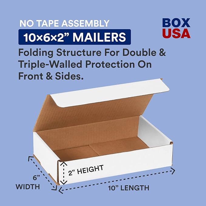 BOX USA Small Shipping Boxes 10"L x 6"W x 2"H, 50-Pack | Foldable Corrugated Cardboard Crush-Proof Box for Shipping, Packing, Moving and Storage 10x6x2