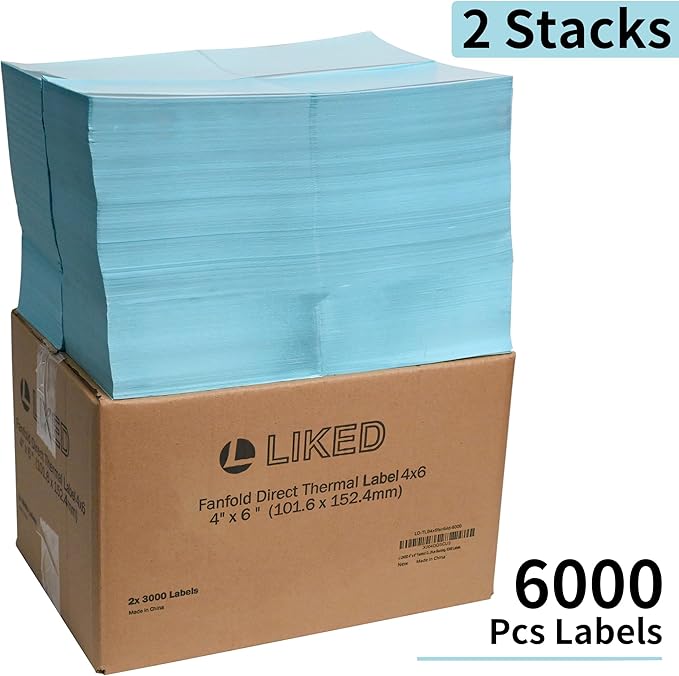 L LIKED 6000 Fanfold 4 x 6 Thermal Labels, with Perforated Line Shipping Labels, Permanent Adhesive, Compatible with Zebra & Rollo, White, Commercial Grade