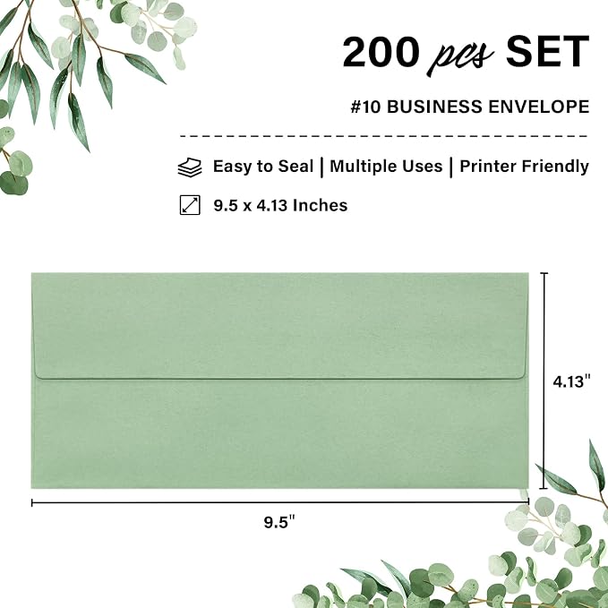 200 Pack #10 Sage Green Envelopes Letter Size Self Seal Business Envelopes | Security Mailing Envelopes, 4 1/8 x 9 1/2 Inches