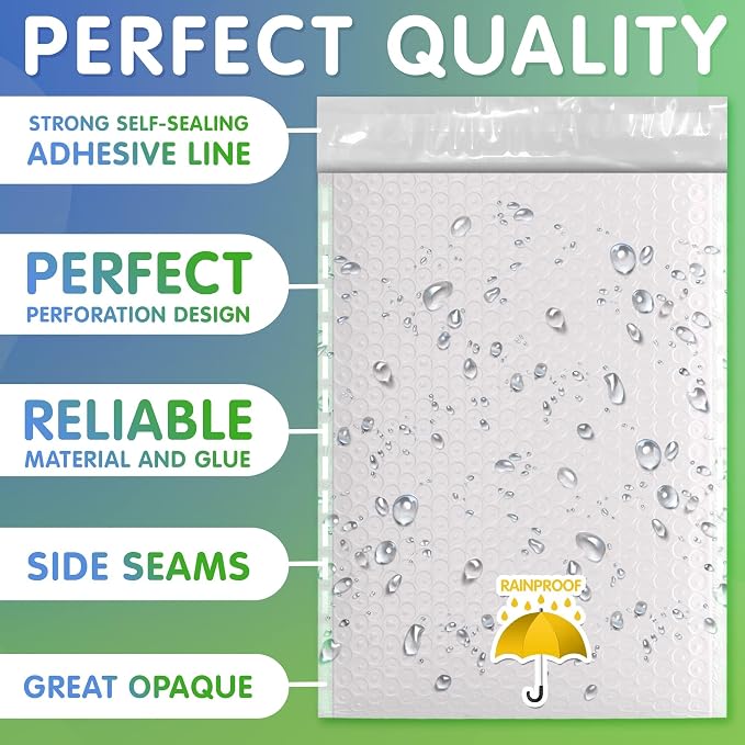 Poly Bubble Mailers, 10.5 x 15 Inch White Padded Mailers, Self Seal Shipping Envelopes, Lightweight Poly Mailer Bags, Waterproof Mailing Bags, Pack of 500