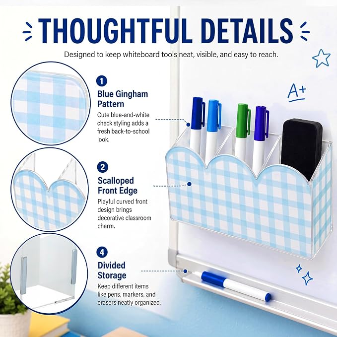 SiliFine Scalloped Magnetic Dry Erase Marker Holder Blue Gingham Acrylic Pen Holder Magnet Classroom Desk Organizer Pencil Cup for Back to School Whiteboard Office Desk Locker Refrigerator Accessories