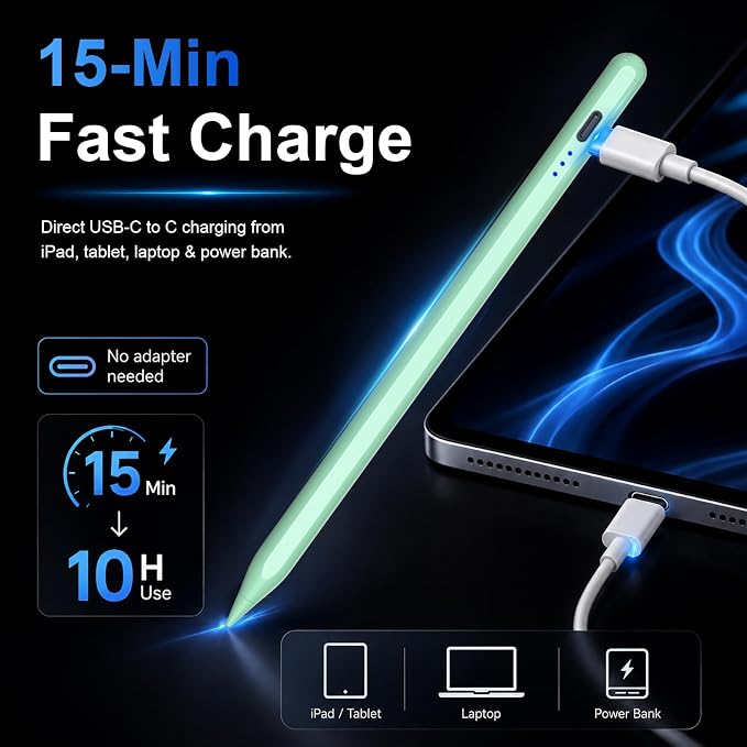 Stylus Pen for Apple iPad 2018-2026 for Note-Taking Drawing Green | 15Min Fast Charge iPad Pencil with High Precision, Tilt Sensitivity, Palm Rejection on iPad 6-11/Air/Pro/Mini, No Pairing
