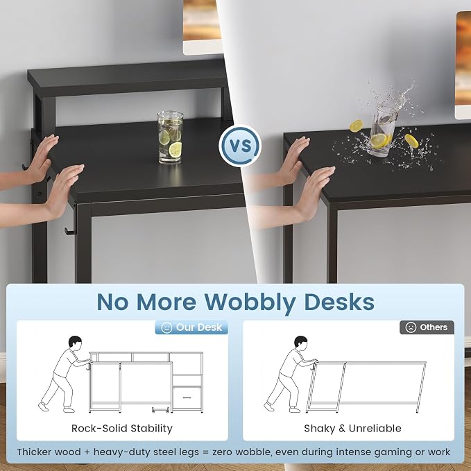 SEDETA 66" Reversible L Shaped Computer Desk with Power Outlet, File Drawer | Home Office Desk with Monitor Shelf, Storage Shelves, LED Lights for Corner Small Spaces, Gaming, Black
