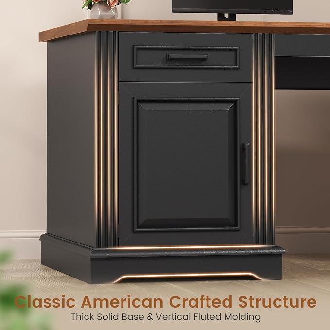 SEDETA Farmhouse Executive Desk, 62'' Home Office Desk with File Drawers, 3Drawer and Storage Cabinet, Computer Desk with Power Outlet for Home Office, Work Study Writing, Black + Walnut