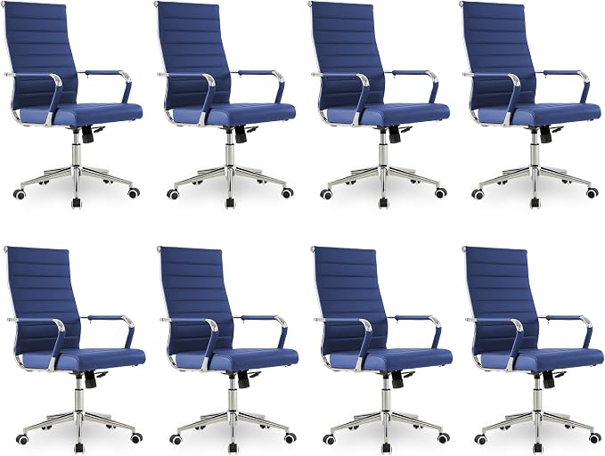Okeysen Office Desk Chair, Ergonomic Leather Modern Conference Room Chairs, Executive Ribbed Height Adjustable Swivel Rolling Chair for Home Office Set of 8. (Blue)