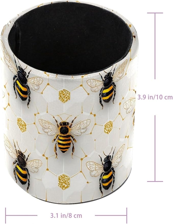 Leather Pen Holder for Desk, Honeycomb Bee Pencil Cup Pen Organizer Makeup Brush Holder for Office Home Kids Countertop Desk Accessory Storage