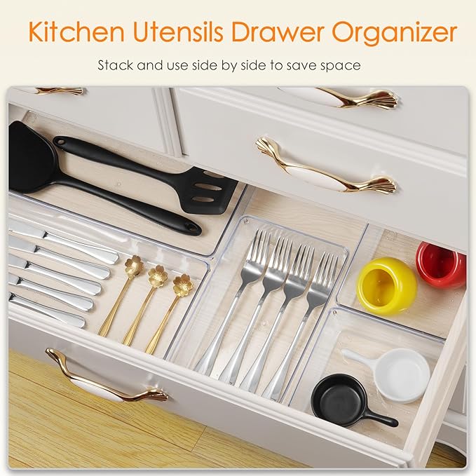 Drawer Organizer, 18 Pack Large Clear Plastic Kitchen Drawer Organizers Set, 6 Size Versatile Bathroom and Vanity Drawer Organizer Trays, Storage Bins for Makeup, Bedroom, Kitchen Utensils