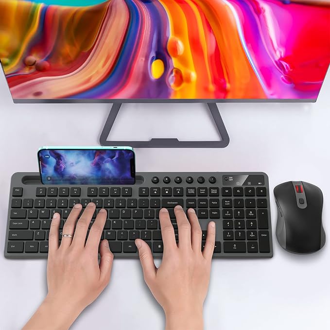 Wireless Keyboard and Mouse Combo, MARVO 2.4G Ergonomic Wireless Computer Keyboard with Phone Tablet Holder, Silent Mouse with 6 Button, Compatible with MacBook, Windows (Grey)