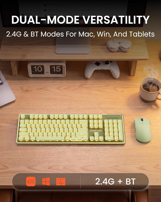 Wireless Keyboard and Mouse Combo with Warm Backlit Pudding Keycaps-Green | Bluetooth & 2.4G Dual Mode, 2000mAh Rechargeable Full Size Quiet Computer Keyboard, Cute Setup for Windows PC Desktop, EWEADN
