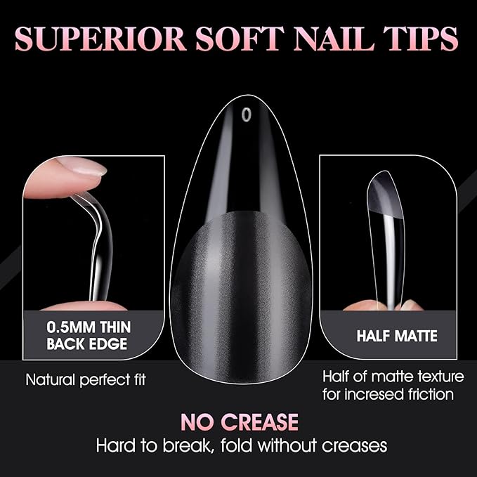 Gelike EC 240PCS Soft Gel Nail Tips Kit - Clear Cover Full Nail Extensions - Medium Almond Pre-Shaped Acrylic False Gelly Nail Tips 10 Sizes for DIY Salon Gift Nail Extensions
