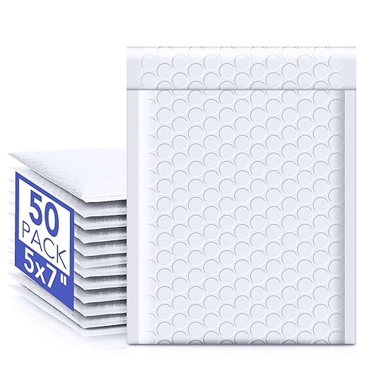 Fuxury Bubble Mailers 5x8.6" 50 Pack White Waterproof Padded Envelopes Usable Size 5x7" Self Seal Bubble Envelopes Padded Mailers Shipping Bags for Mailing Jewelry Makeup Small Business